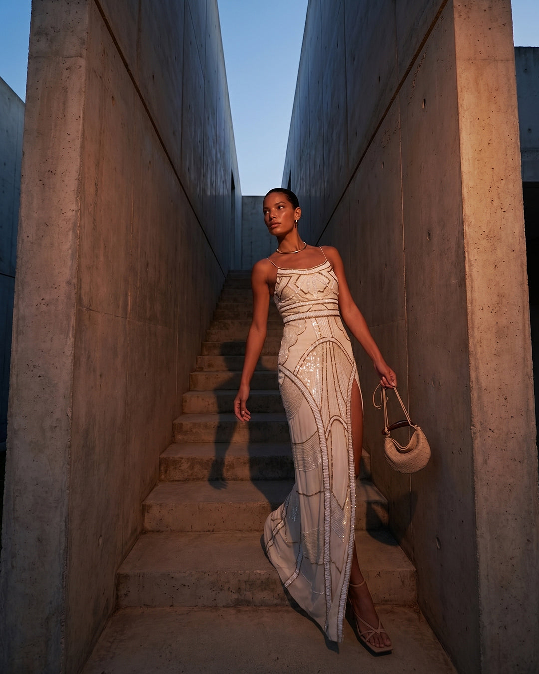 IVORY DECO EMBELLISHED SLIT GOWN