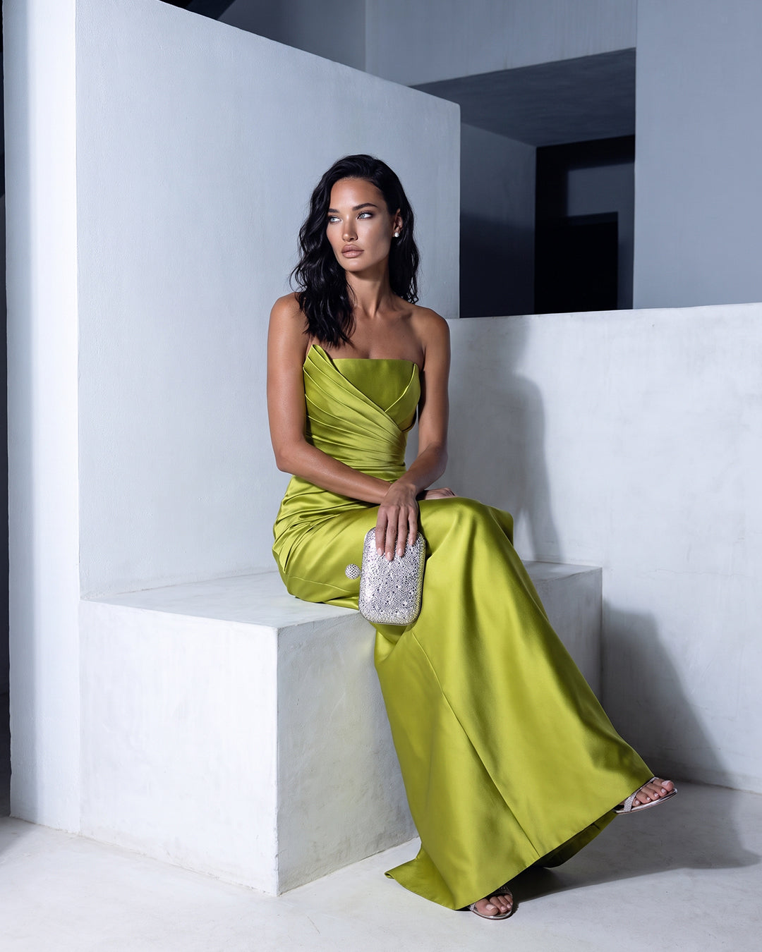LIME SATIN DRAPED COLUMN GOWN