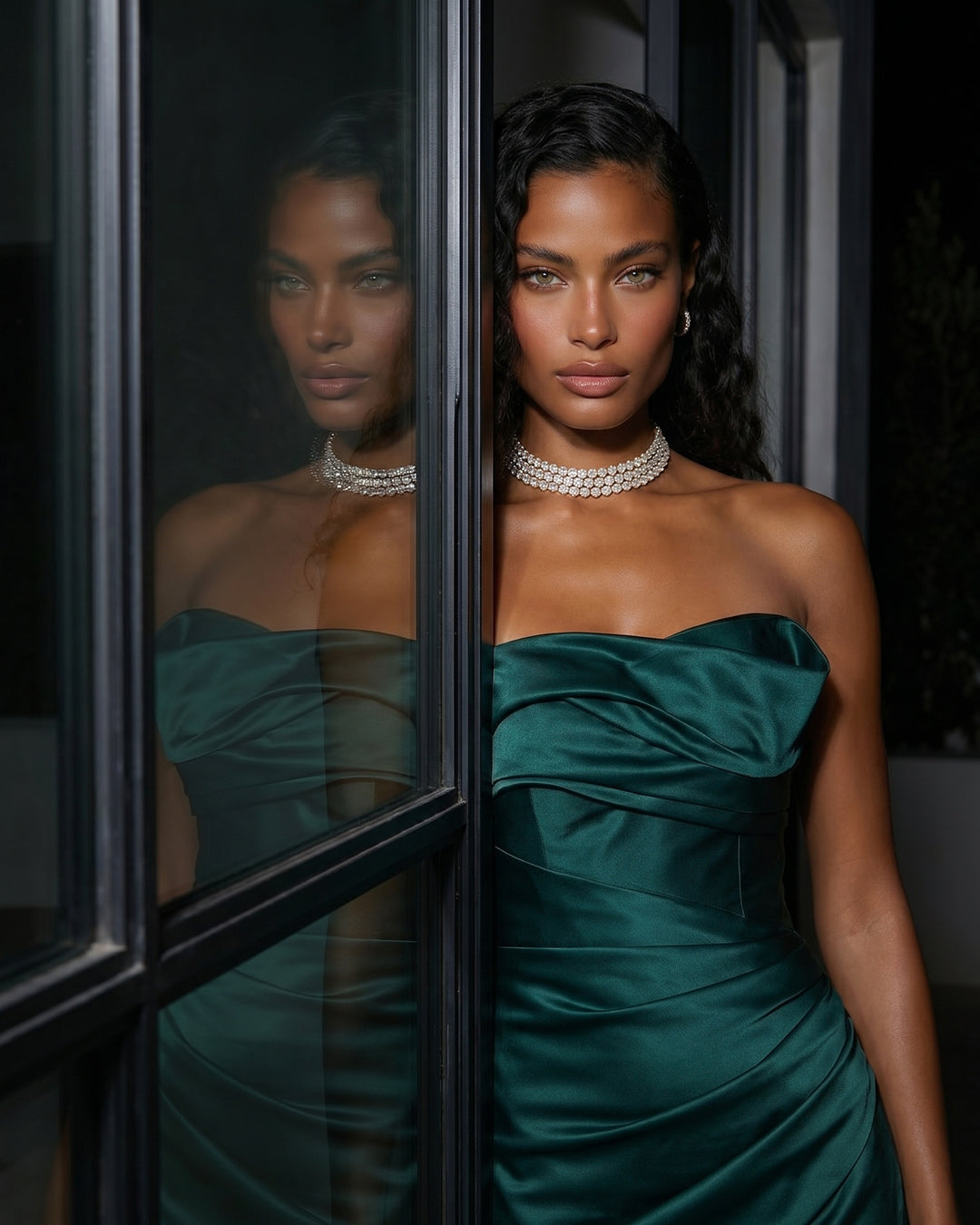 Emerald Draped Strapless Column Gown with Slit