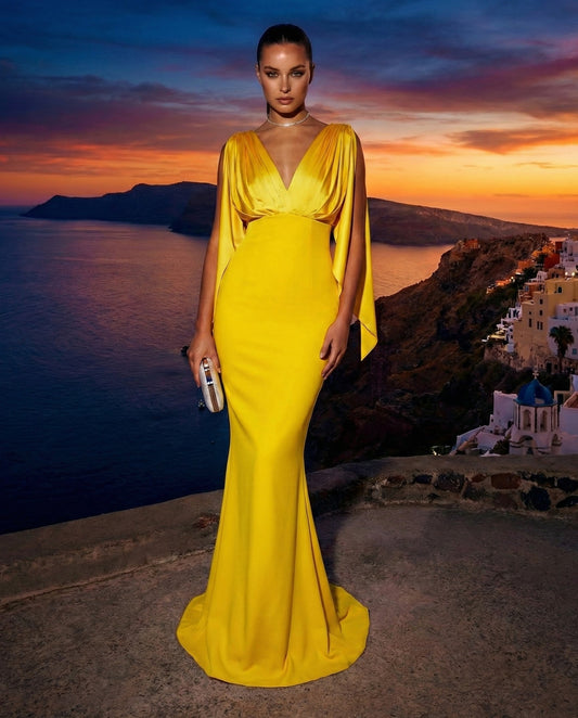 Yellow Draped Cape Sleeve Maxi Evening Gown