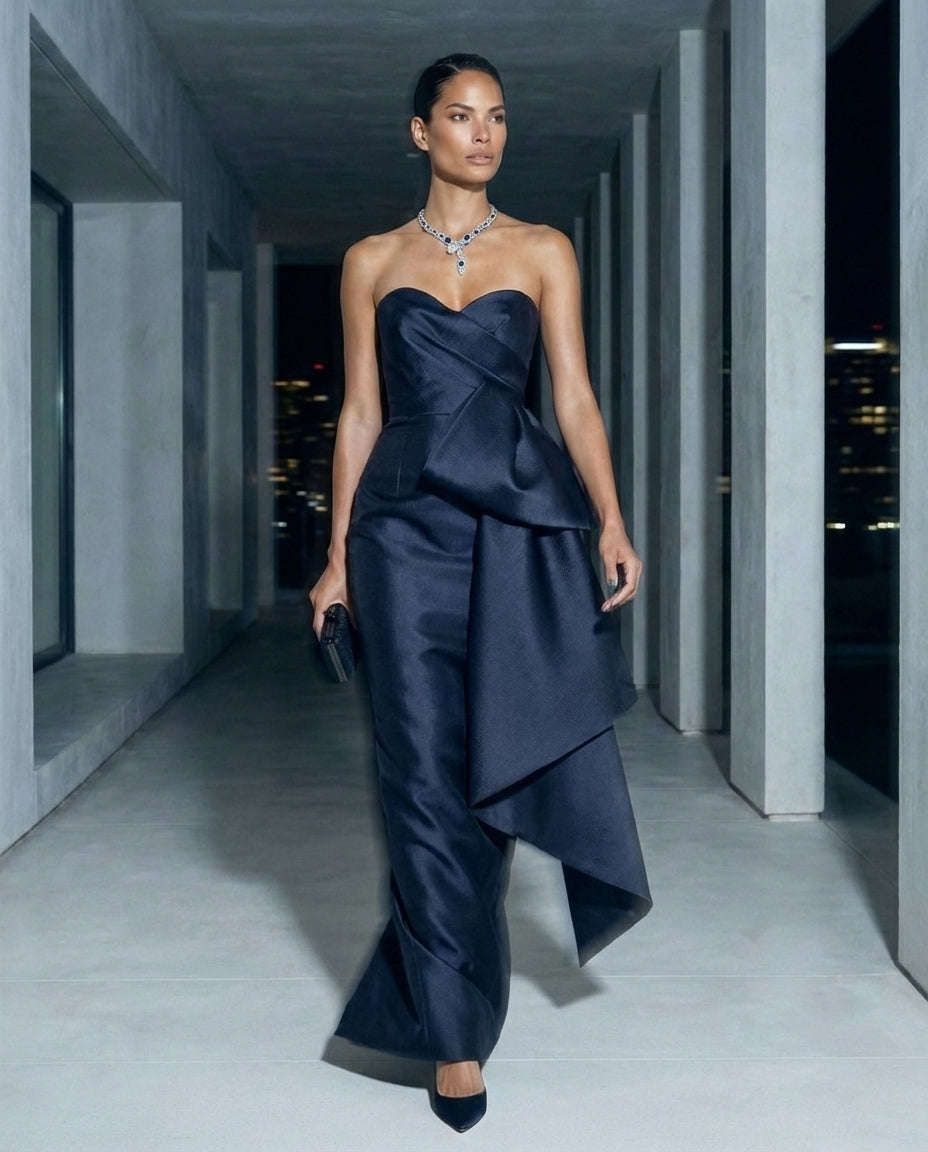 Navy Strapless Sculpted Satin Gown