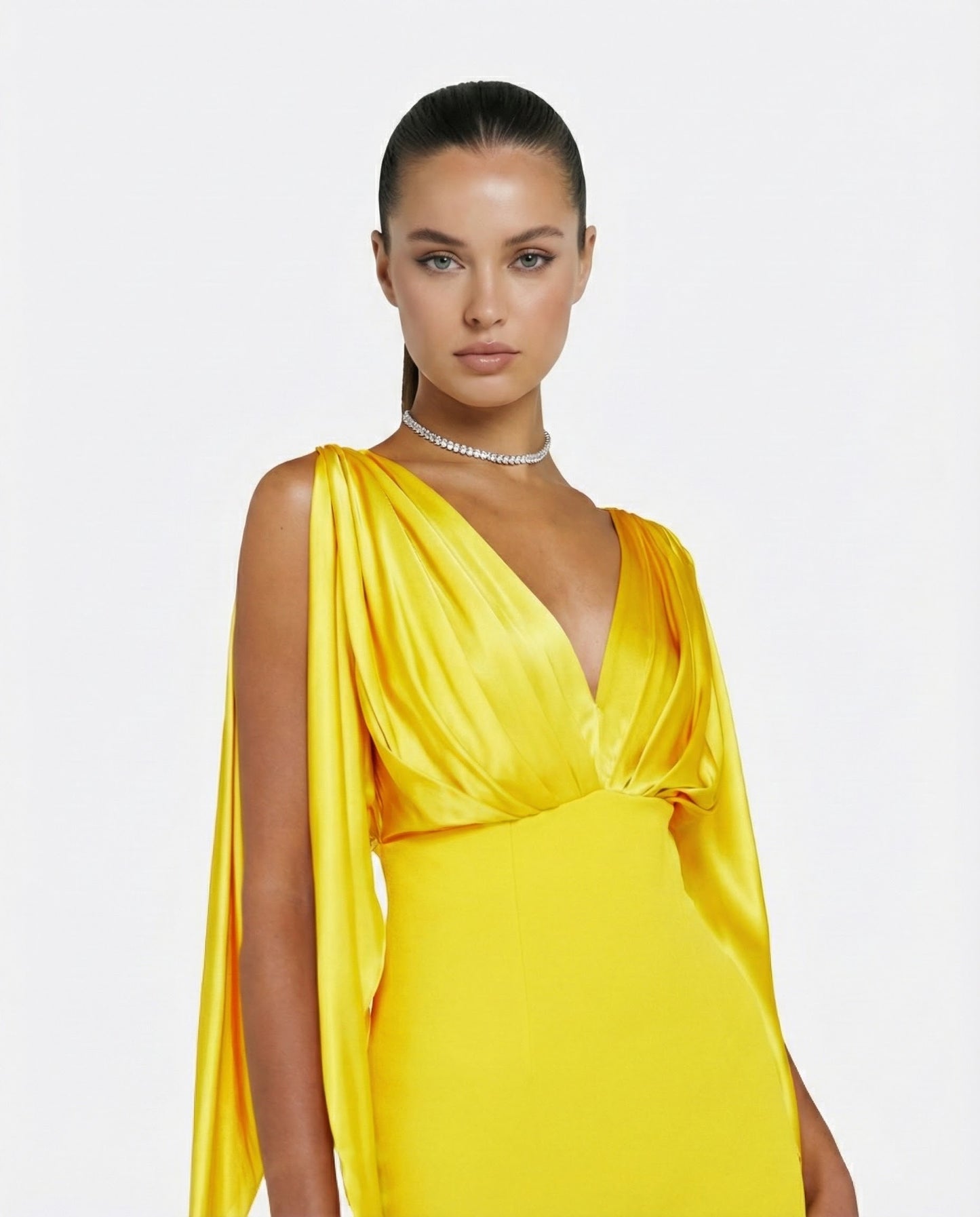 Yellow Draped Cape Sleeve Maxi Evening Gown