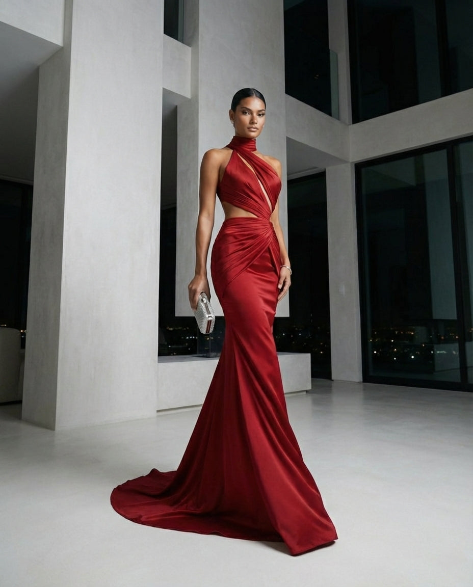 Red Satin Cut-Out Halter Evening Gown
