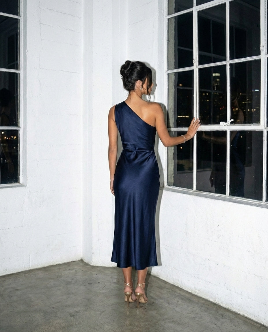 One-Shoulder Satin Navy Midi Dress