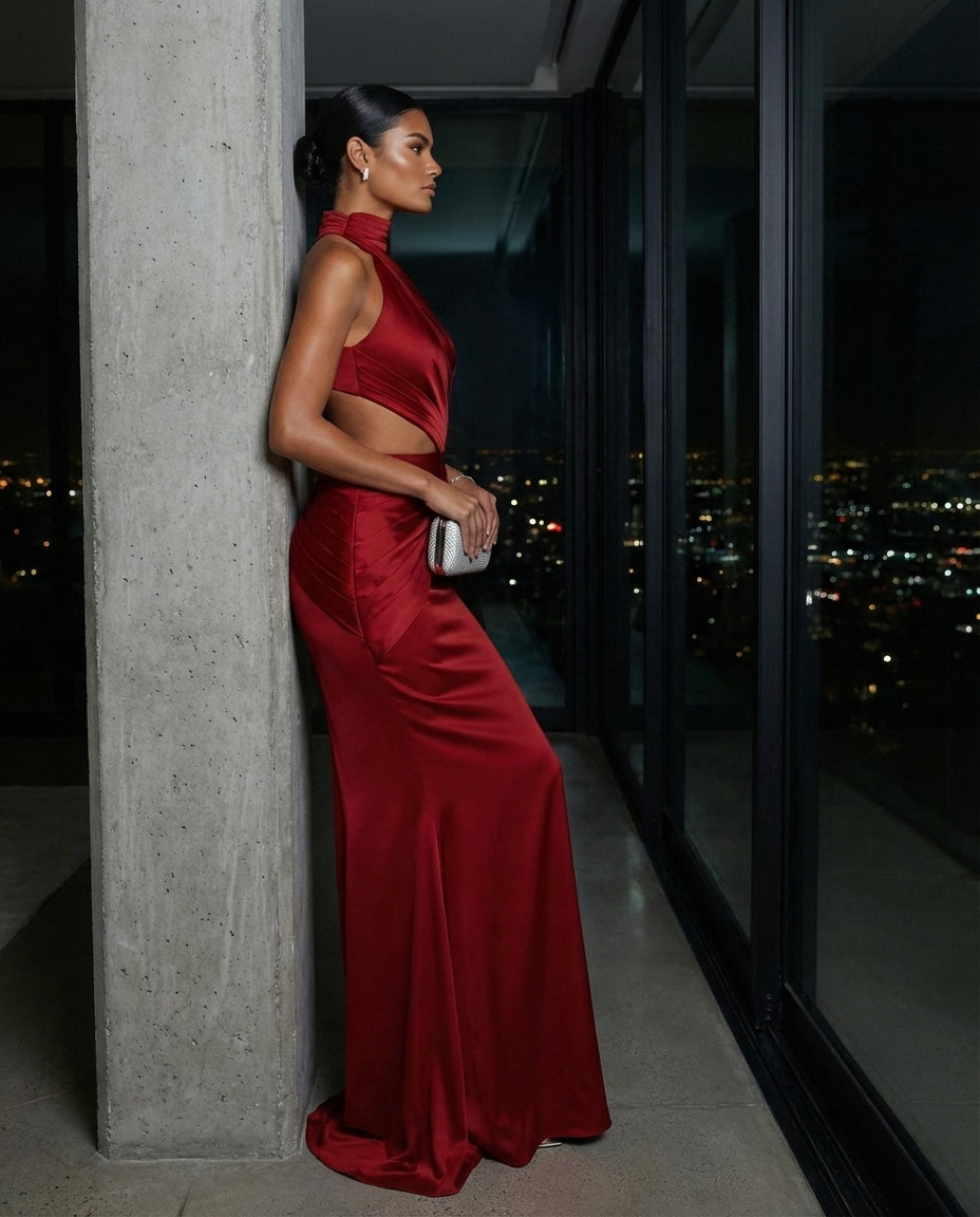 Red Satin Cut-Out Halter Evening Gown