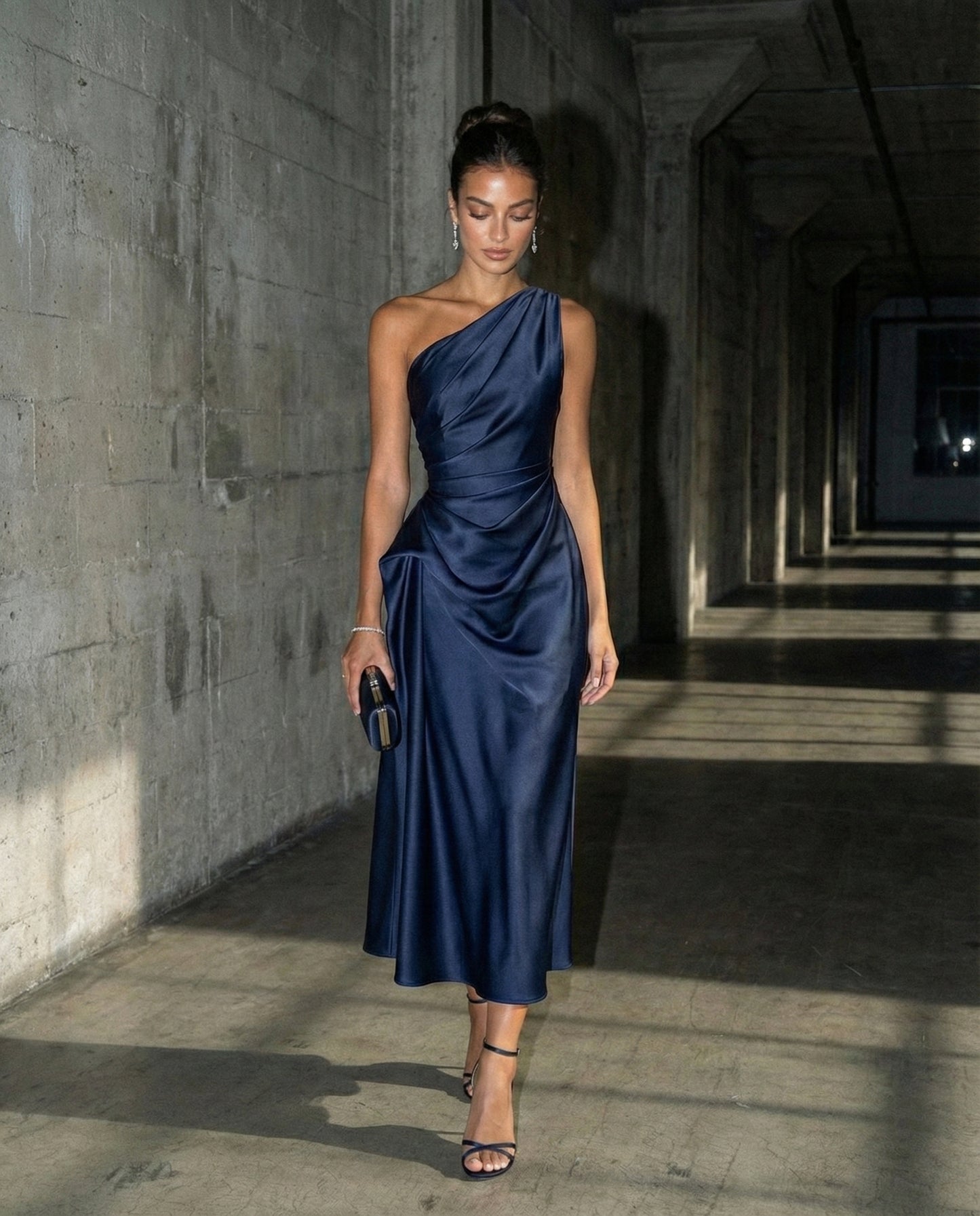 One-Shoulder Satin Navy Midi Dress