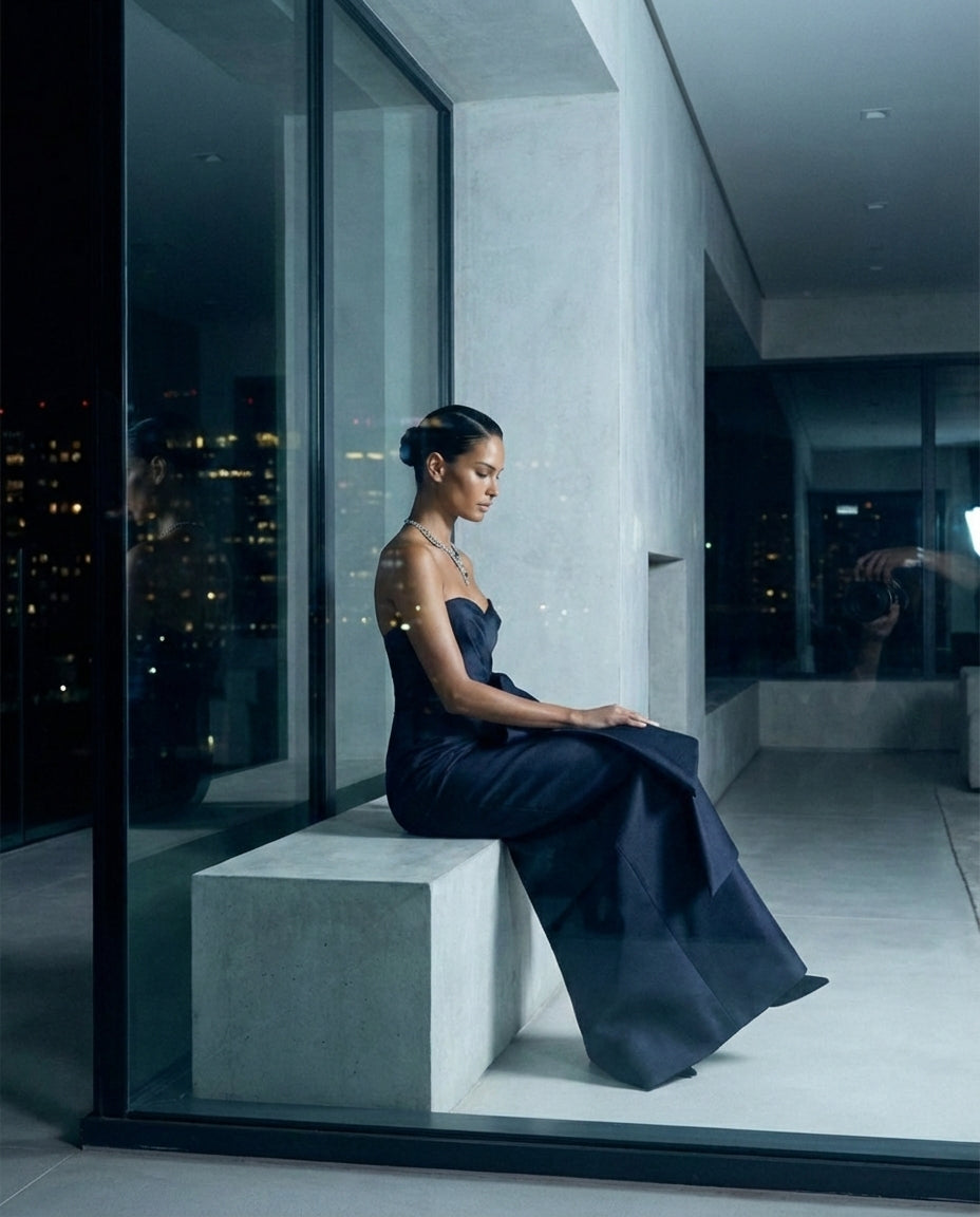 Navy Strapless Sculpted Satin Gown