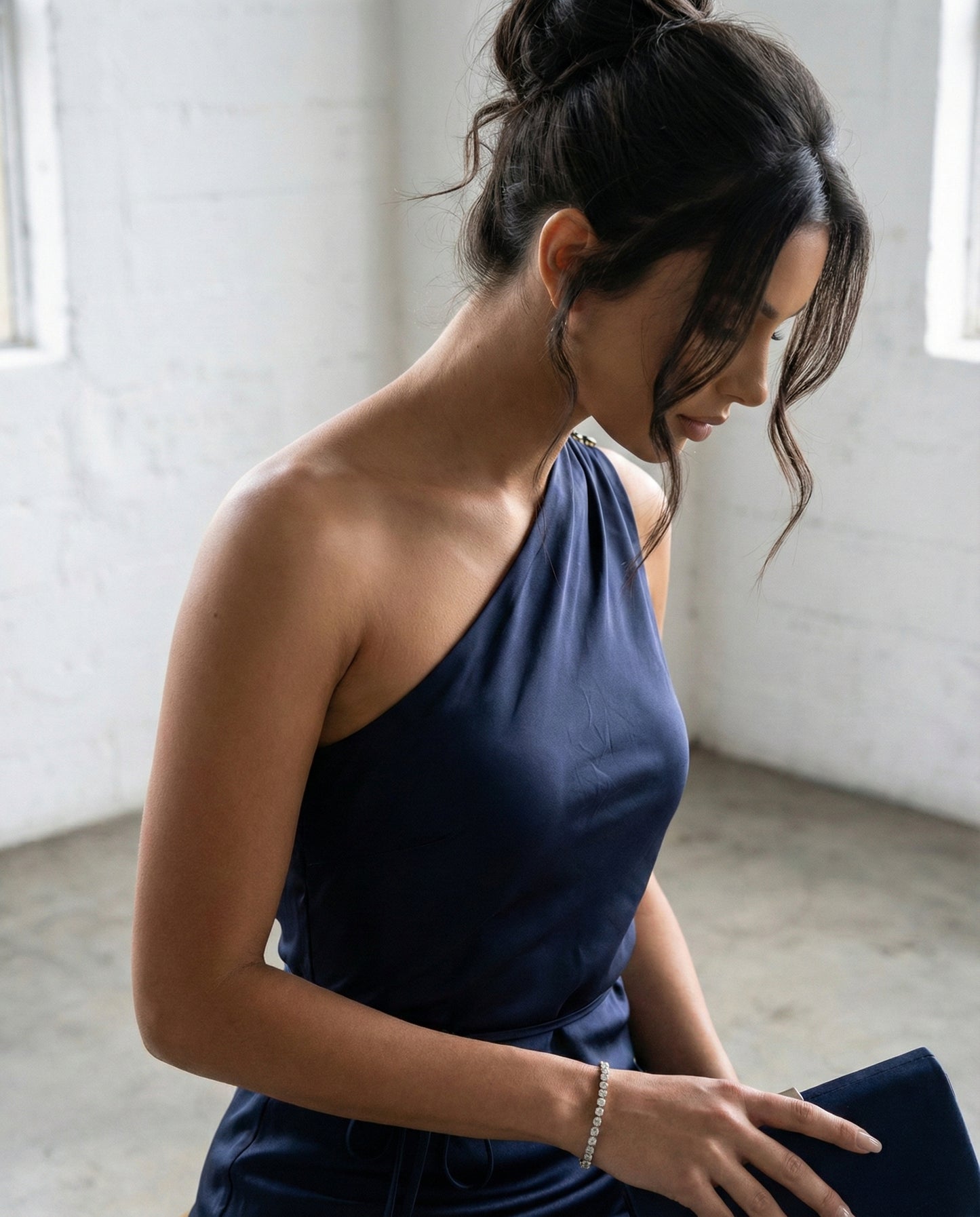 One-Shoulder Satin Navy Midi Dress