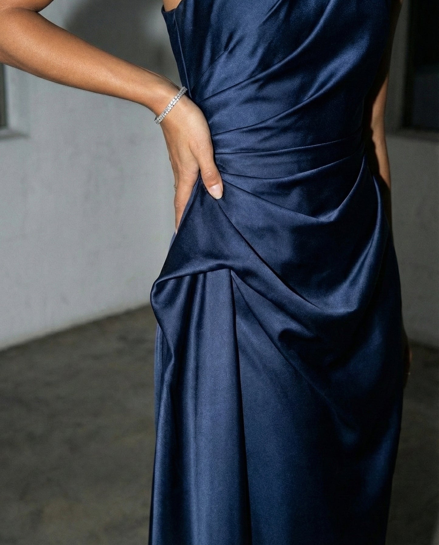One-Shoulder Satin Navy Midi Dress