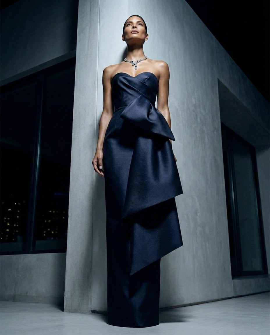 Navy Strapless Sculpted Satin Gown
