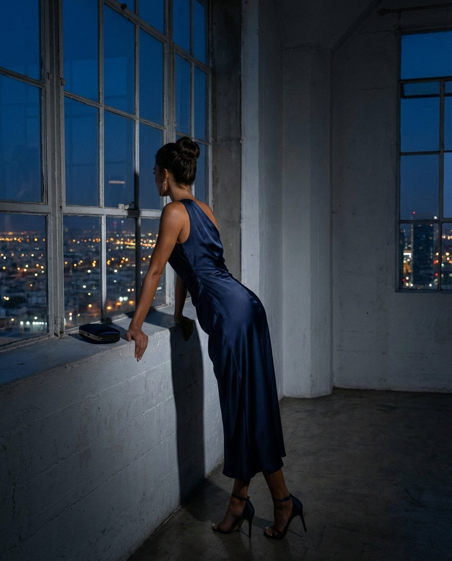 One-Shoulder Satin Navy Midi Dress