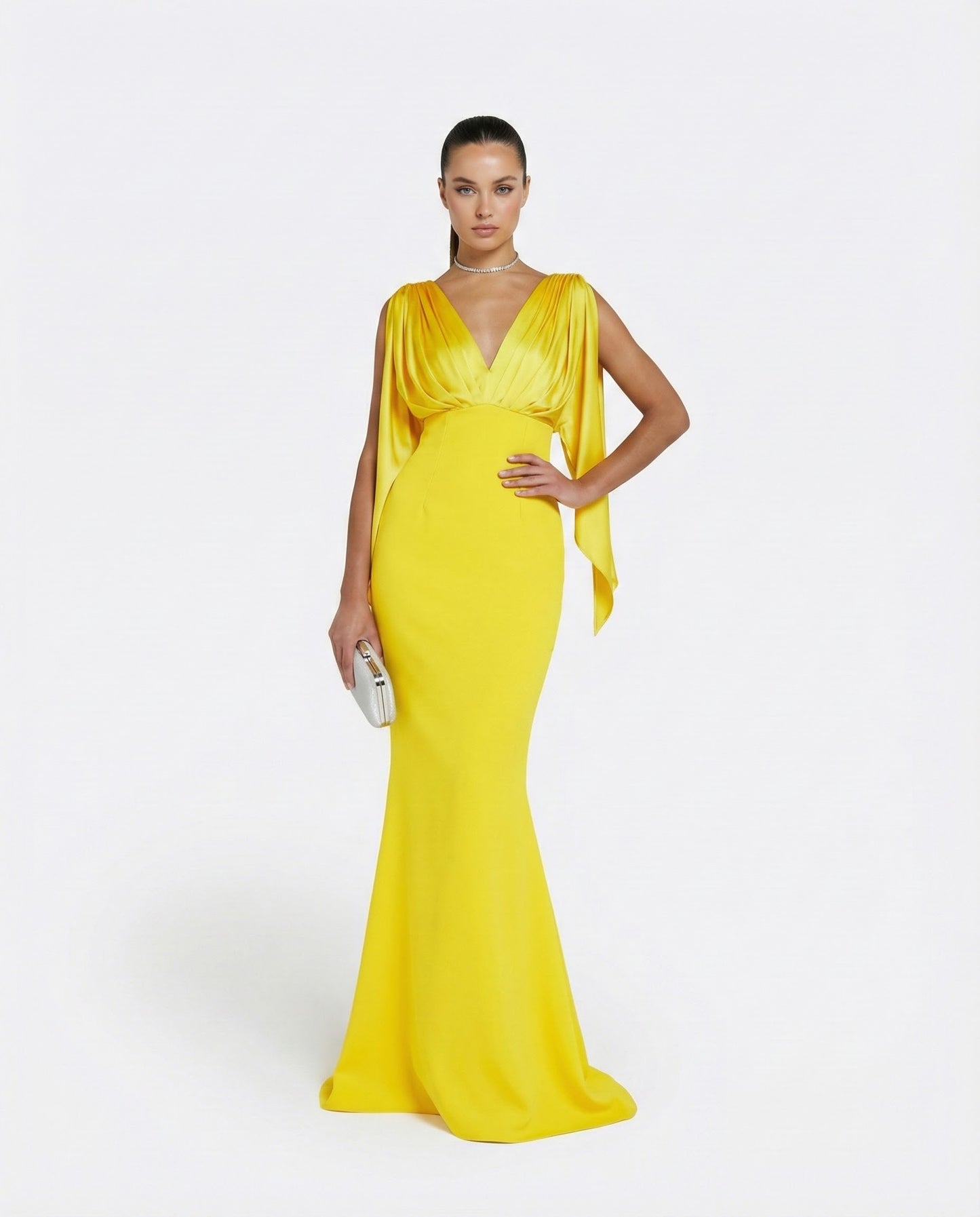 Yellow Draped Cape Sleeve Maxi Evening Gown