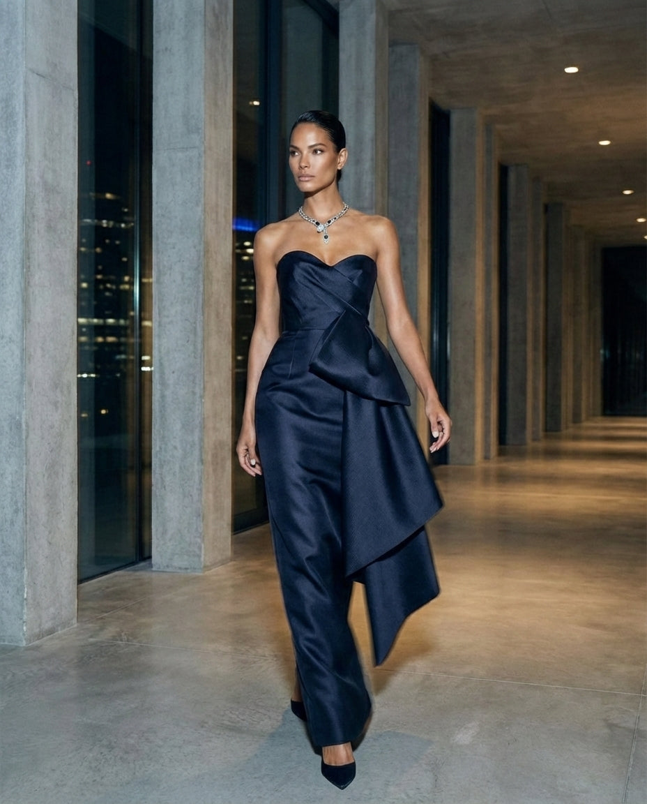 Navy Strapless Sculpted Satin Gown