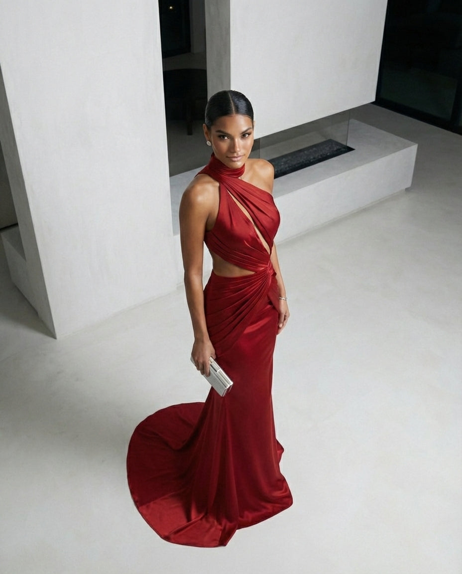 Red Satin Cut-Out Halter Evening Gown