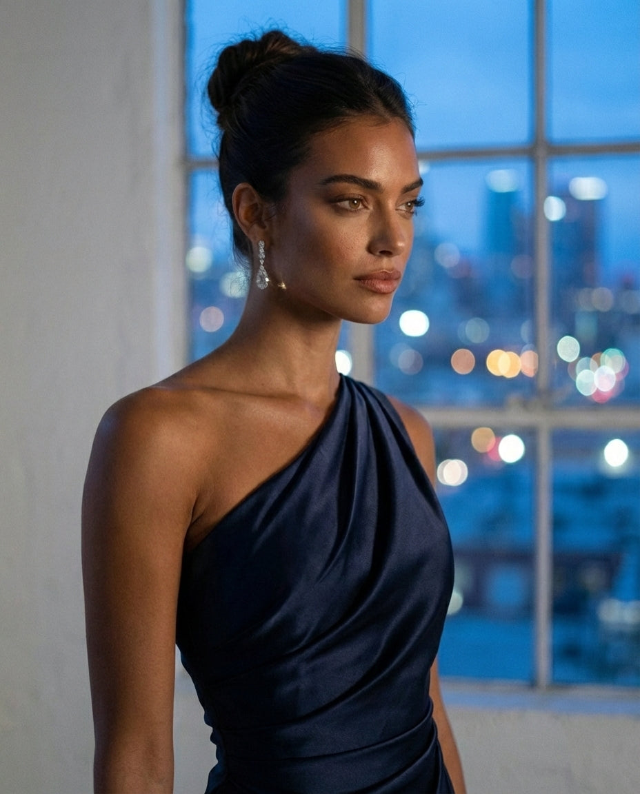 One-Shoulder Satin Navy Midi Dress