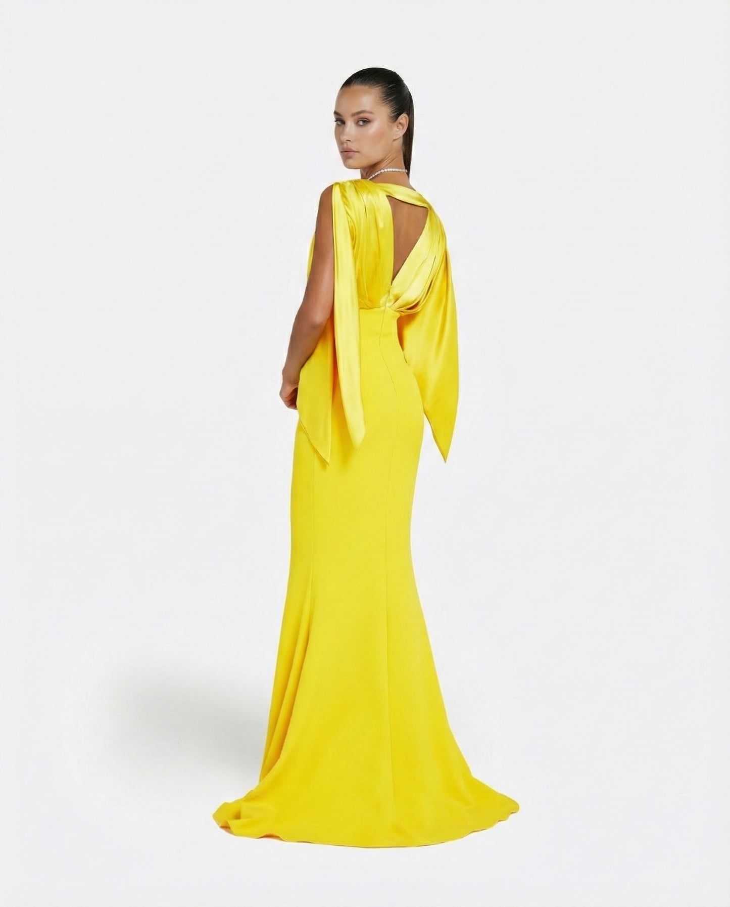 Yellow Draped Cape Sleeve Maxi Evening Gown