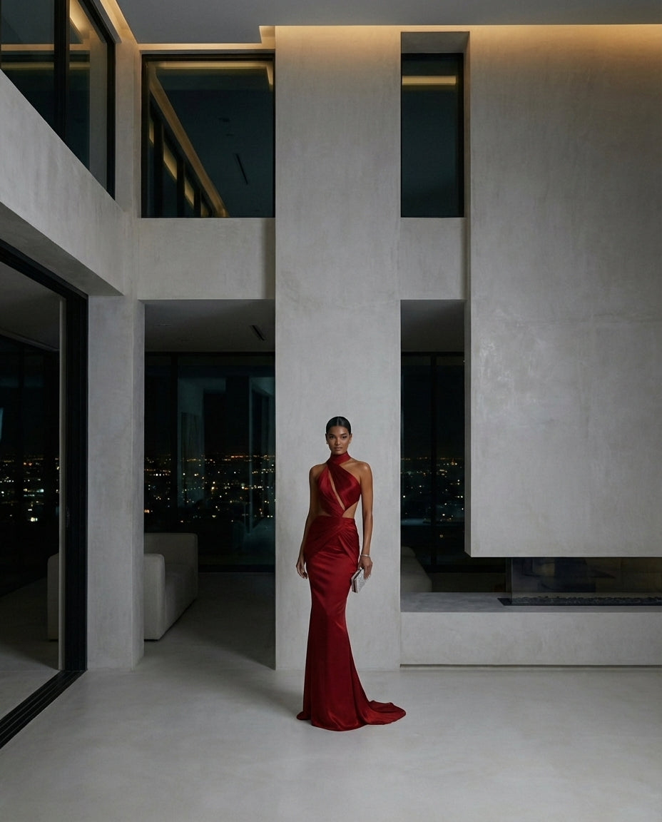 Red Satin Cut-Out Halter Evening Gown