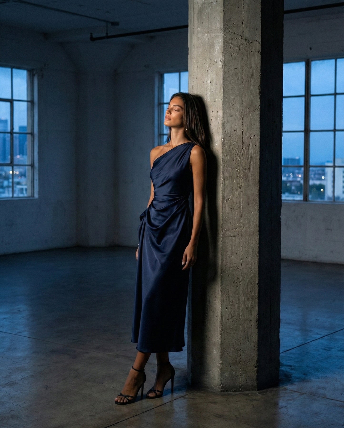 One-Shoulder Satin Navy Midi Dress