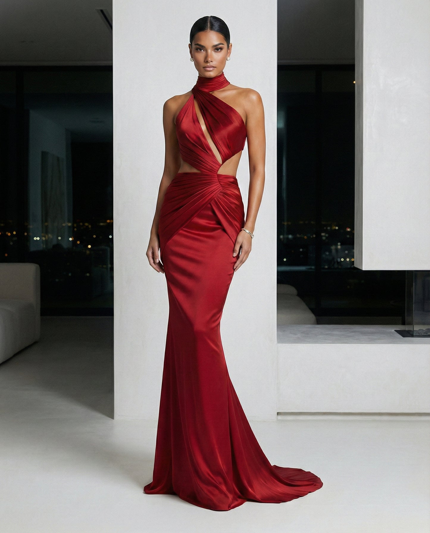 Red Satin Cut-Out Halter Evening Gown