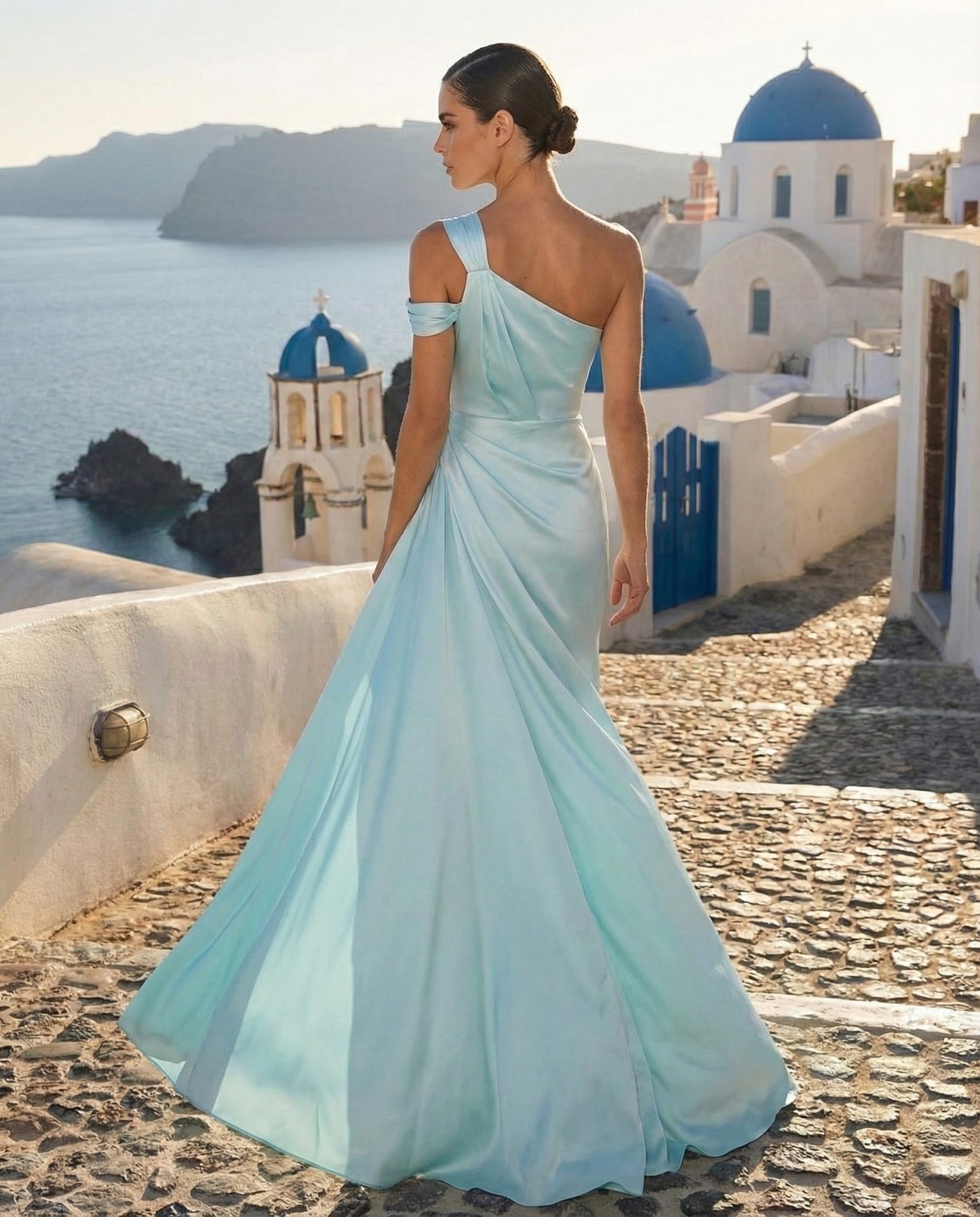 Aqua Satin One-Shoulder High-Slit Evening Gown
