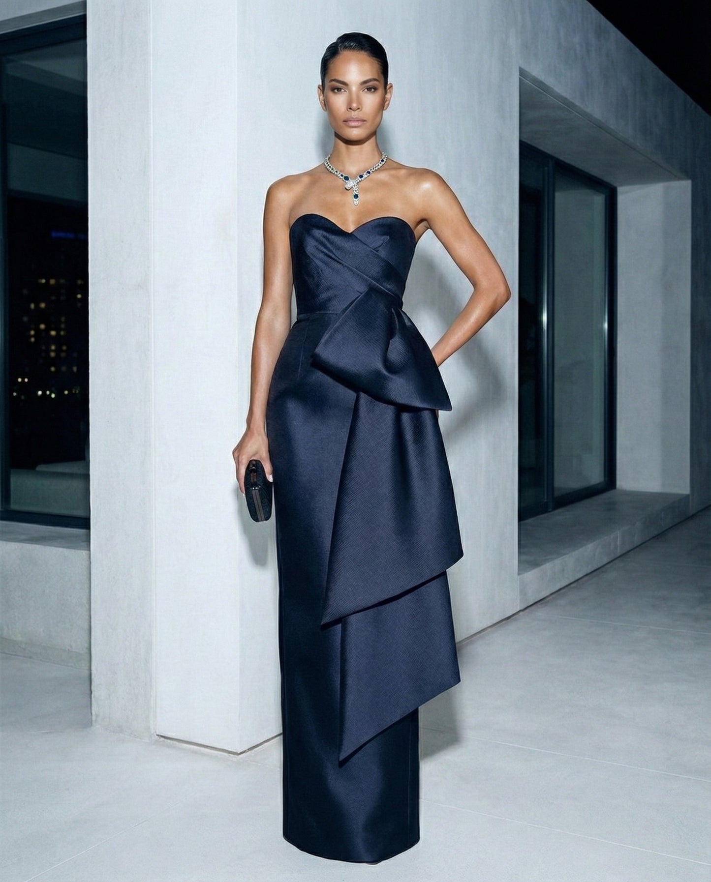 Navy Strapless Sculpted Satin Gown