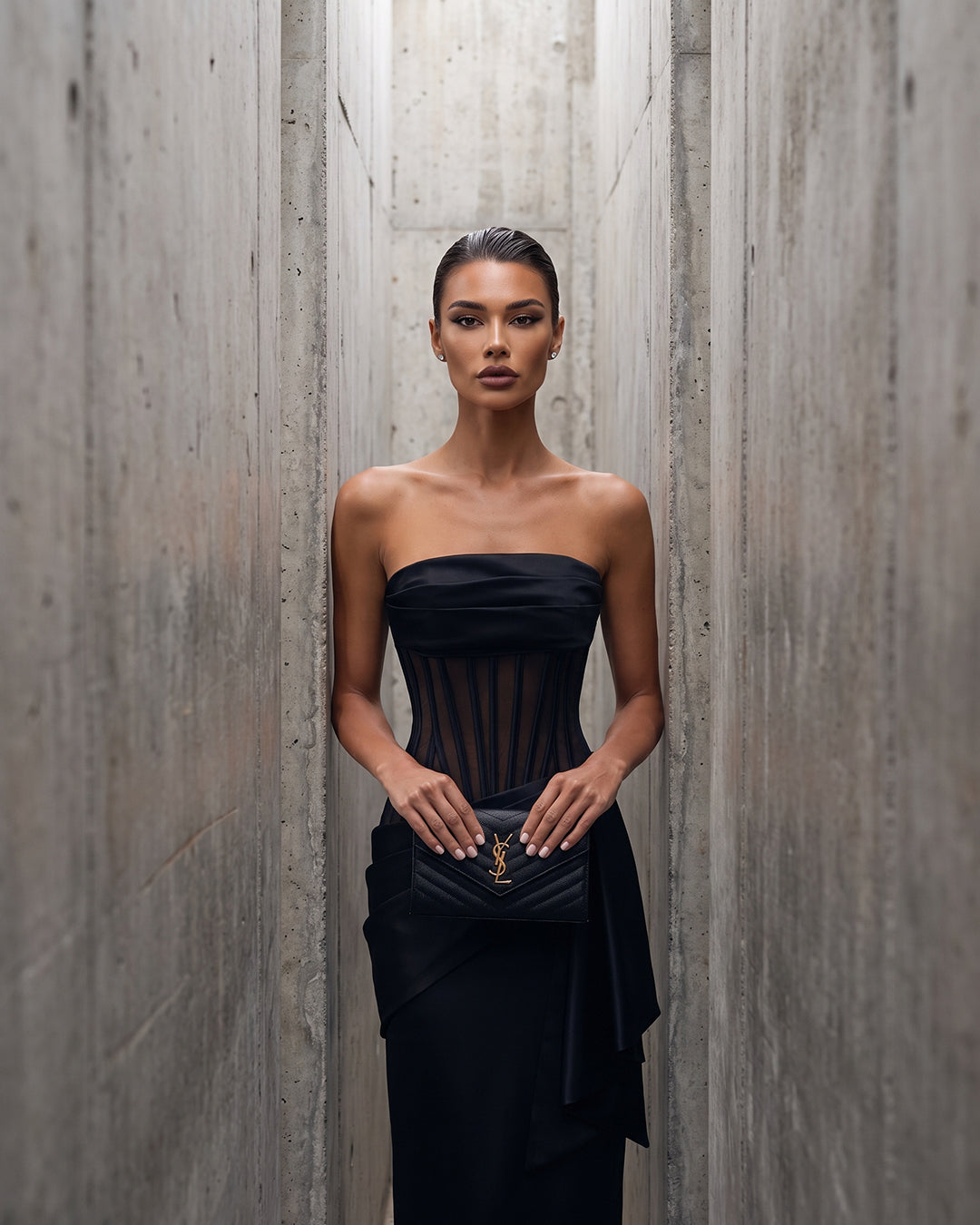 NOIR ILLUSION CORSET COLUMN GOWN
