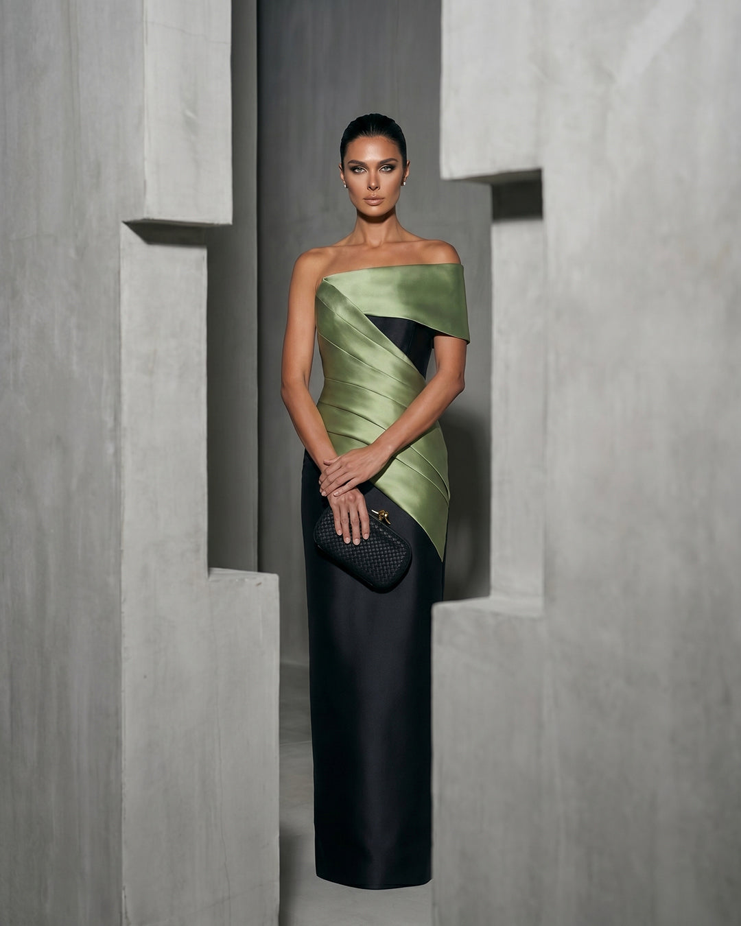 SAGE SATIN WRAP COLUMN GOWN