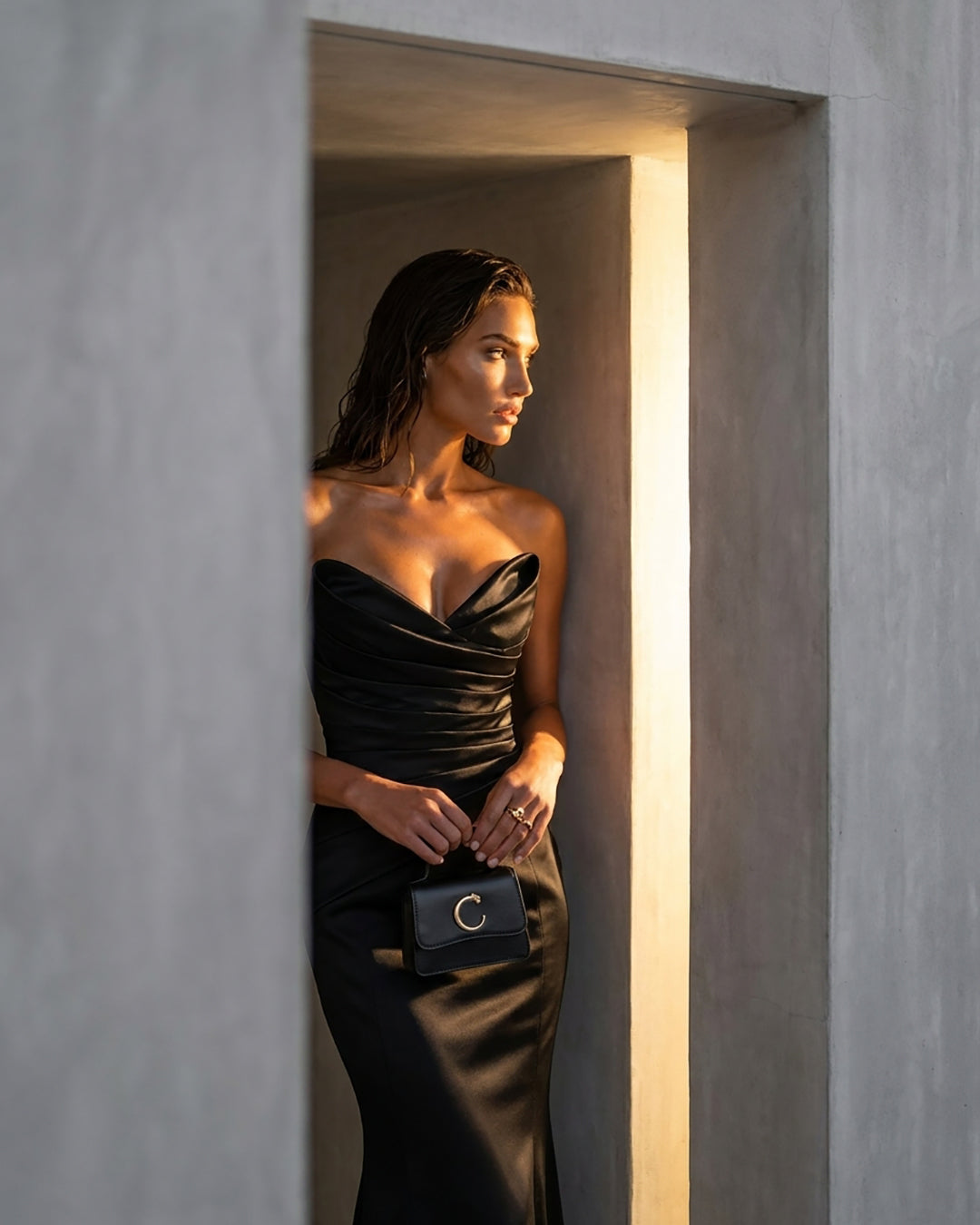 NOIR DRAPED SATIN MERMAID GOWN
