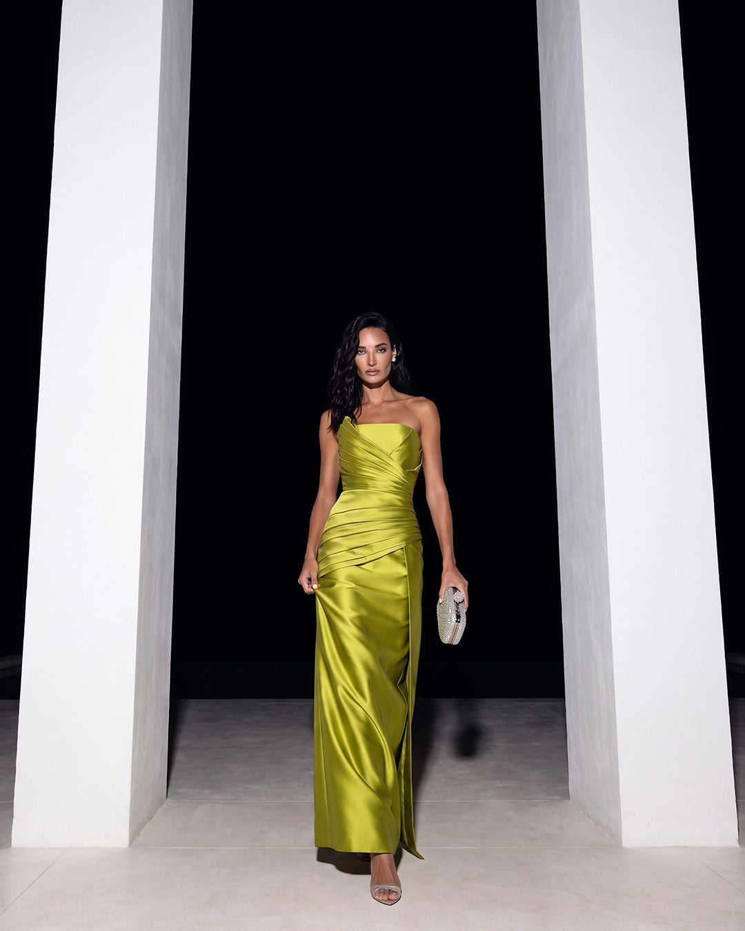 LIME SATIN DRAPED COLUMN GOWN