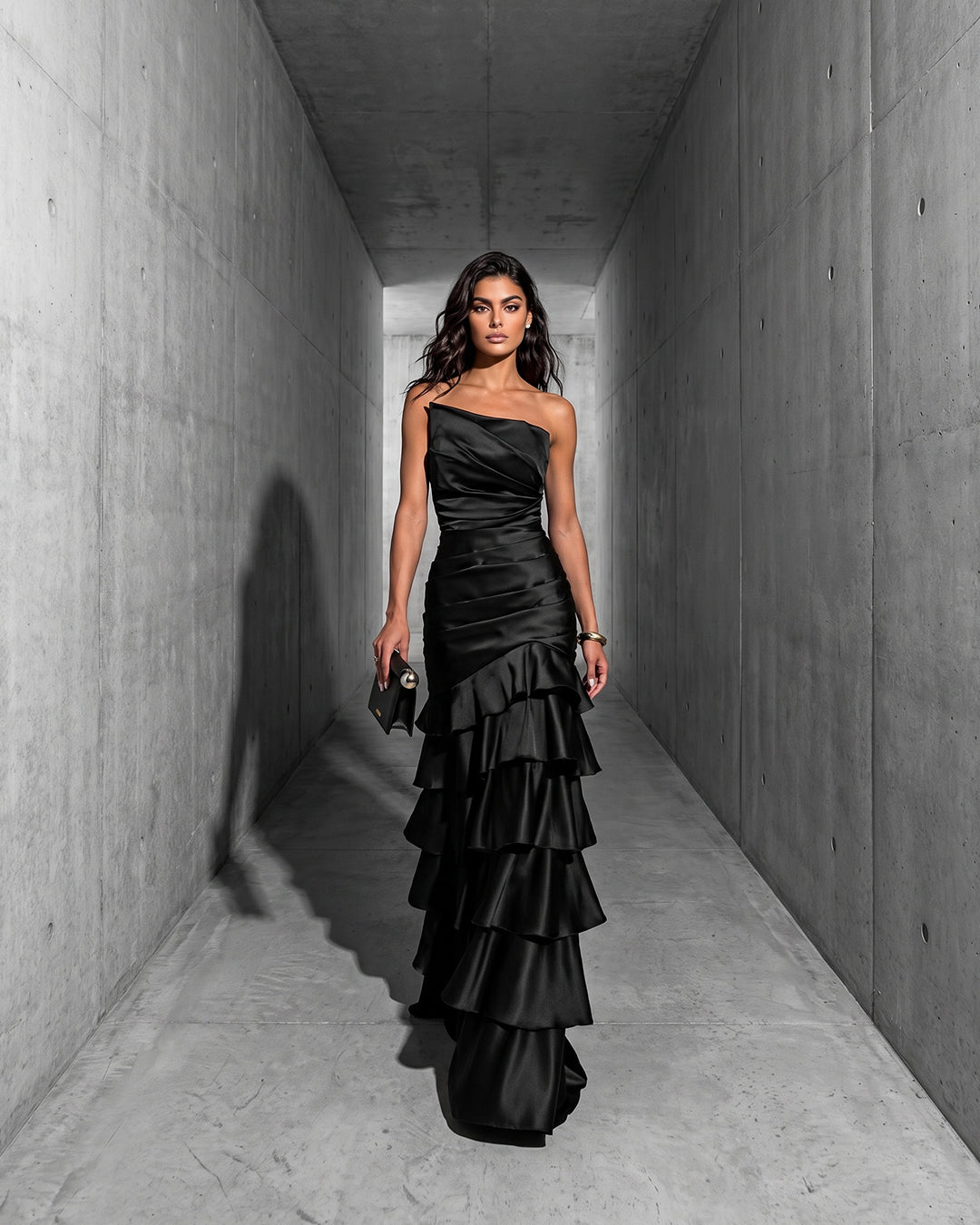 NOIR CASCADE SATIN RUFFLE GOWN