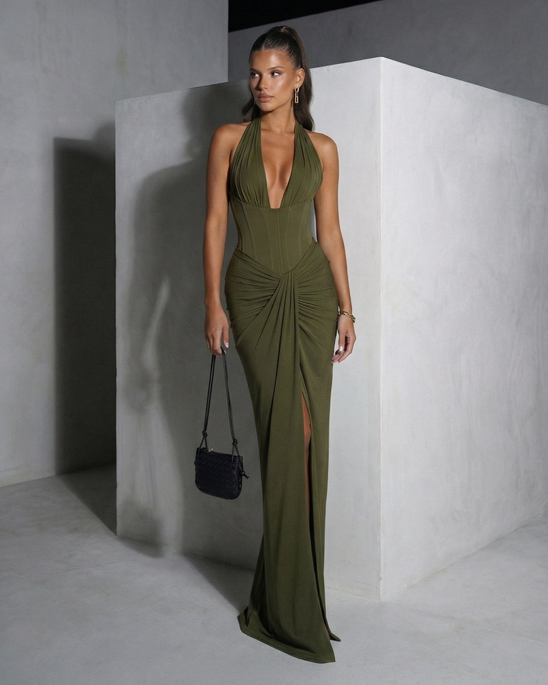 Olive Draped Halter Column Gown with Corseted Waist