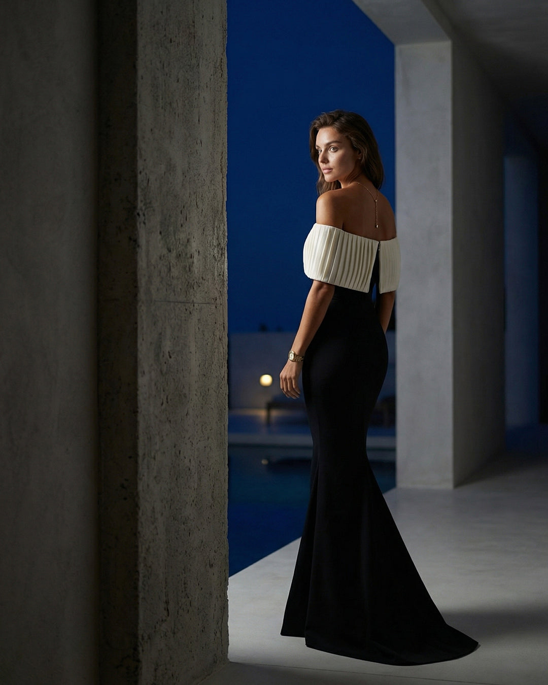 Noir & Ivory Off-Shoulder Mermaid Gown