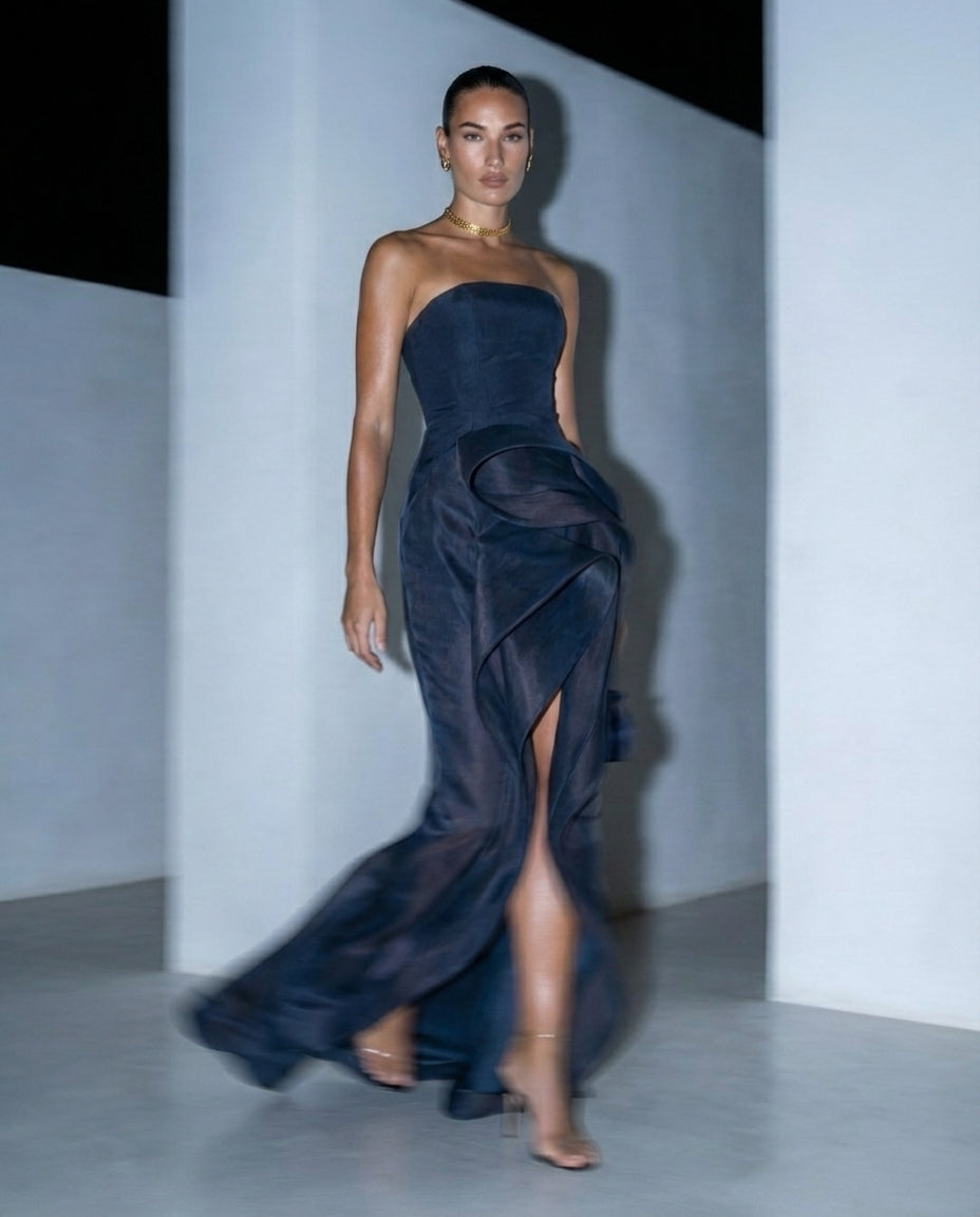 Navy Strapless Sculptural Draped Gown