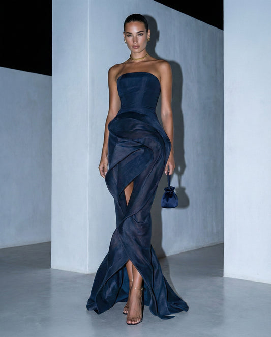 Navy Strapless Sculptural Draped Gown