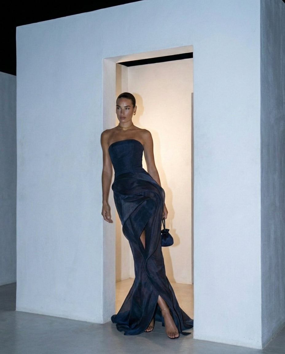 Navy Strapless Sculptural Draped Gown