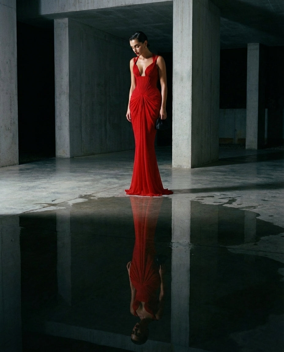 Red Draped Sculpted Mermaid Gown