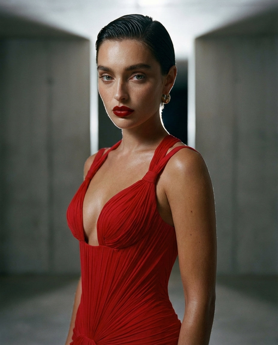 Red Draped Sculpted Mermaid Gown