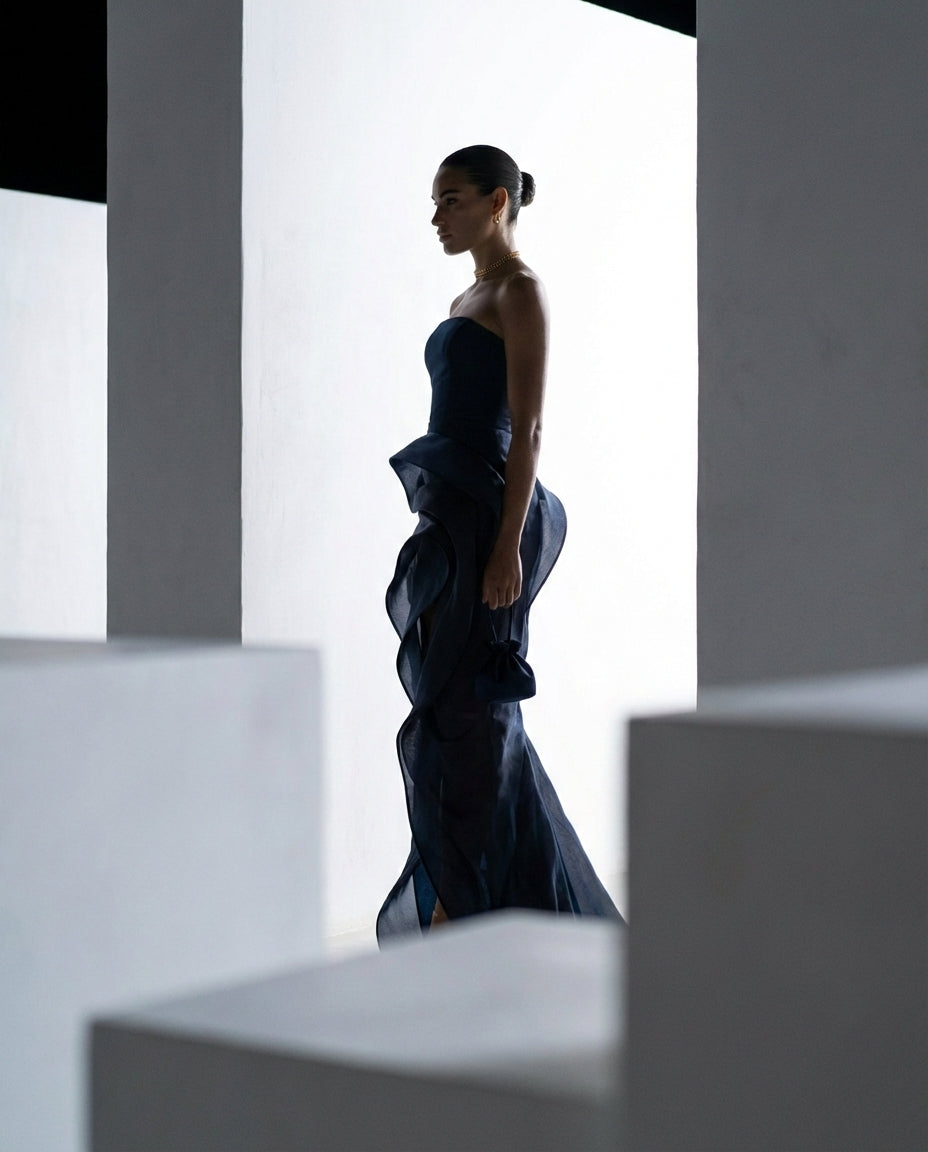 Navy Strapless Sculptural Draped Gown