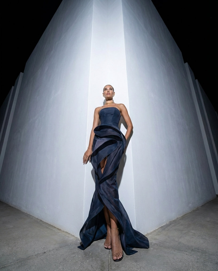 Navy Strapless Sculptural Draped Gown
