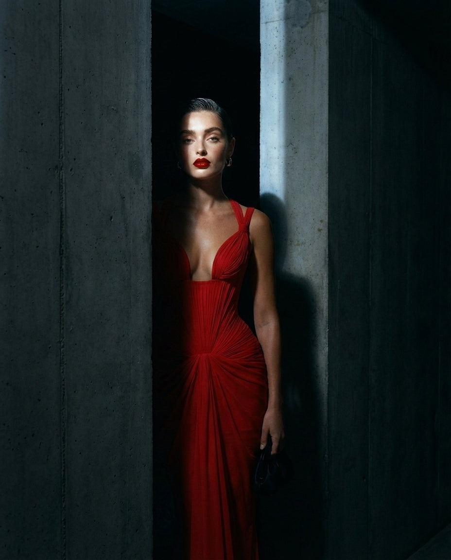 Red Draped Sculpted Mermaid Gown