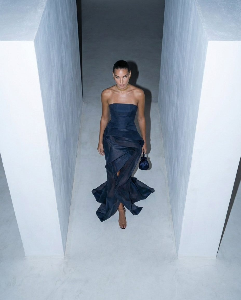 Navy Strapless Sculptural Draped Gown