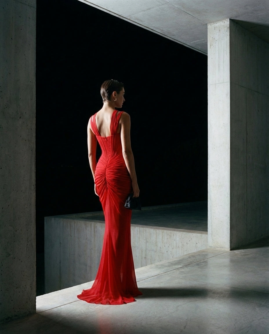 Red Draped Sculpted Mermaid Gown