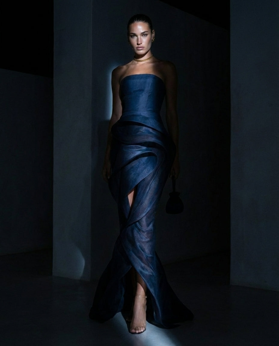 Navy Strapless Sculptural Draped Gown