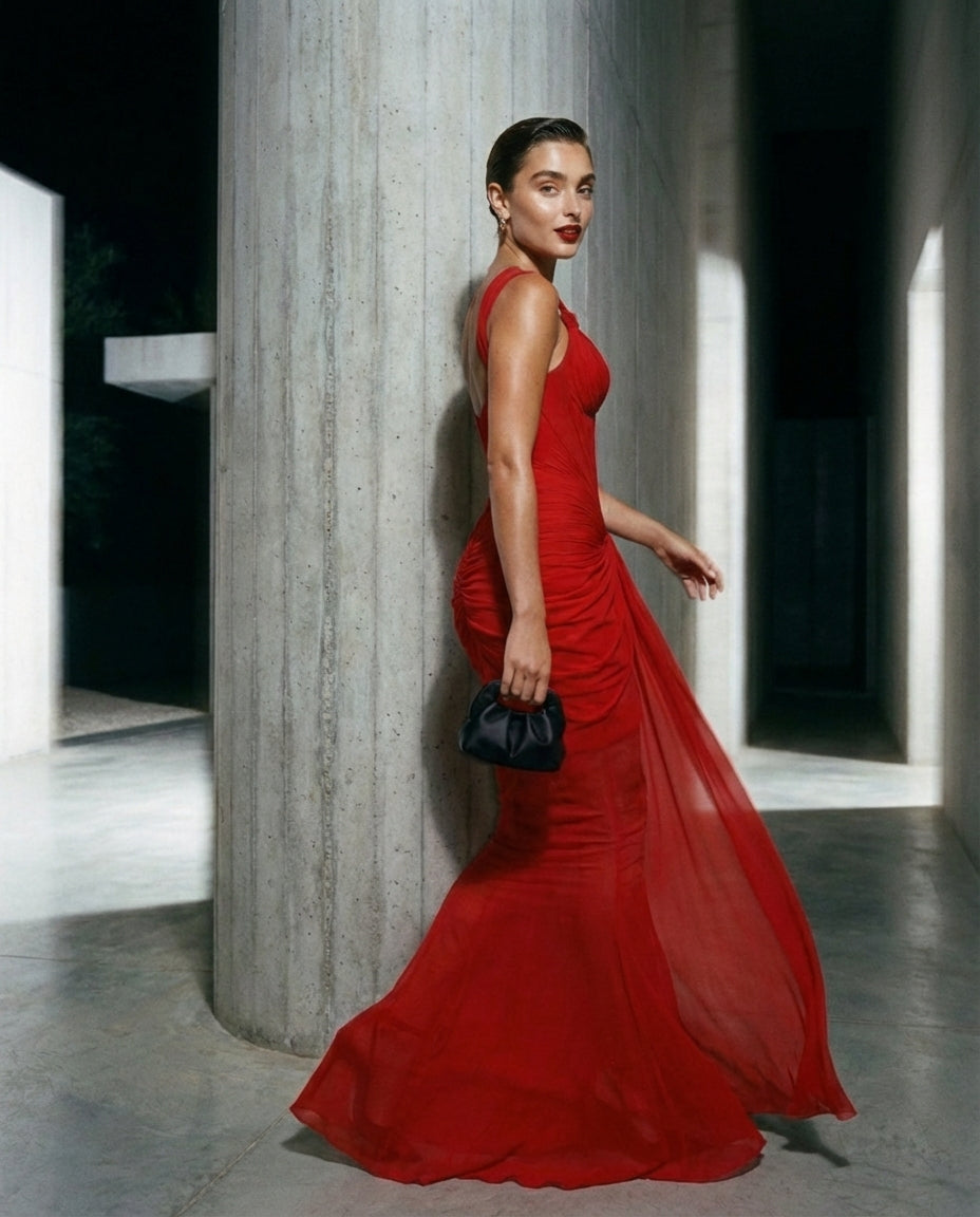 Red Draped Sculpted Mermaid Gown