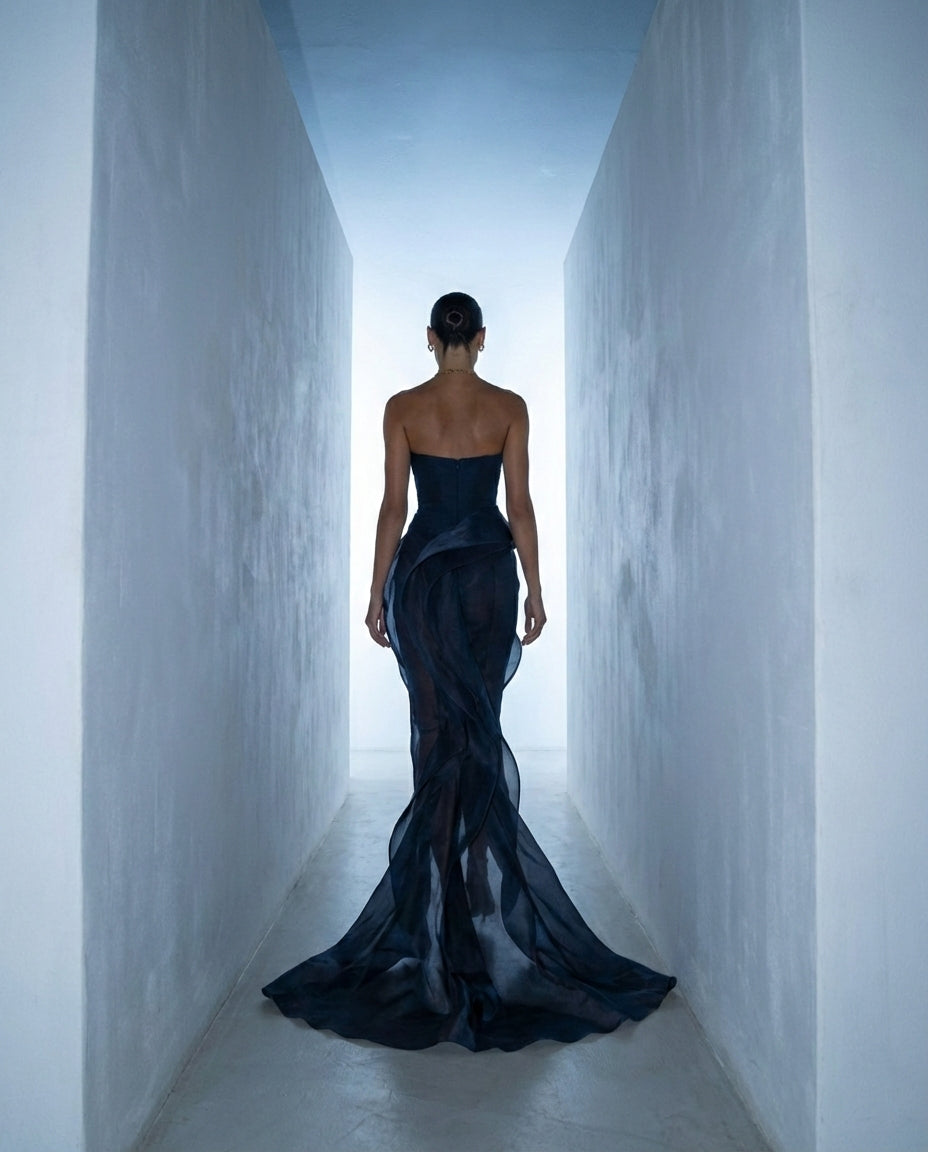 Navy Strapless Sculptural Draped Gown