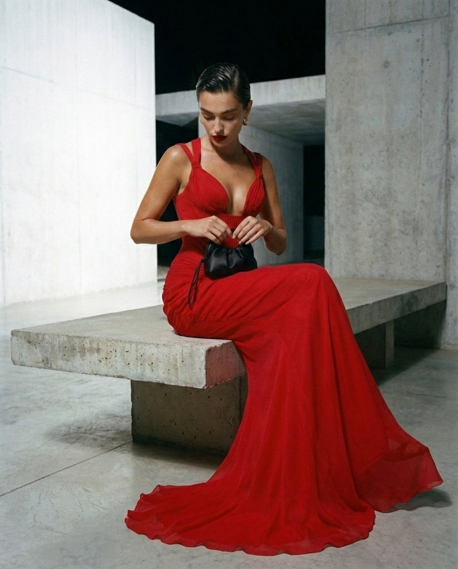 Red Draped Sculpted Mermaid Gown