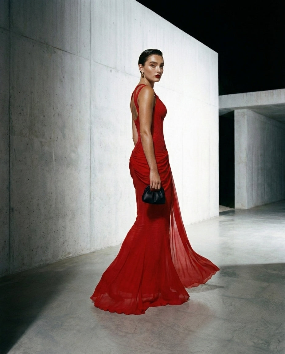 Red Draped Sculpted Mermaid Gown