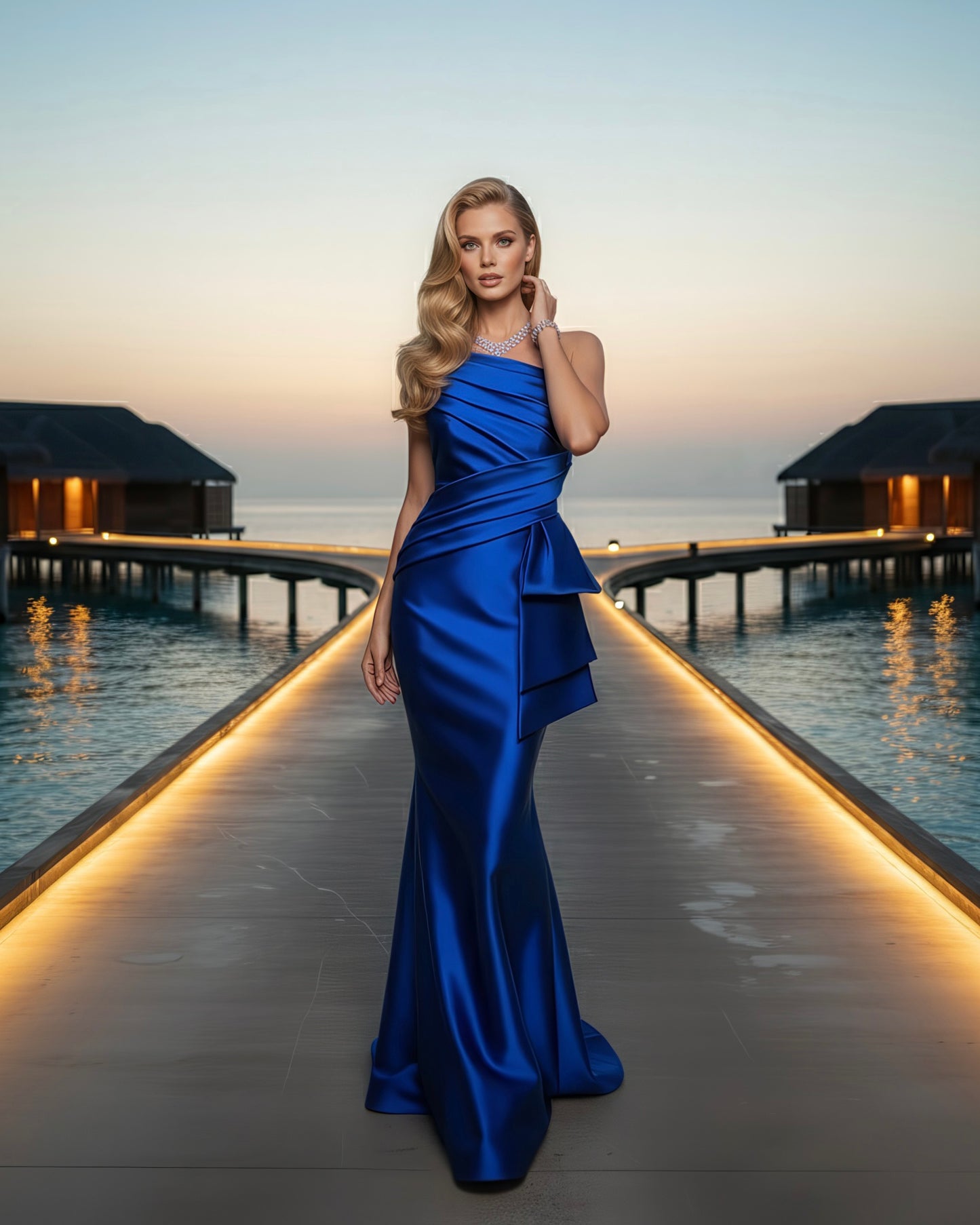 Sapphire One-Shoulder Satin Evening Gown