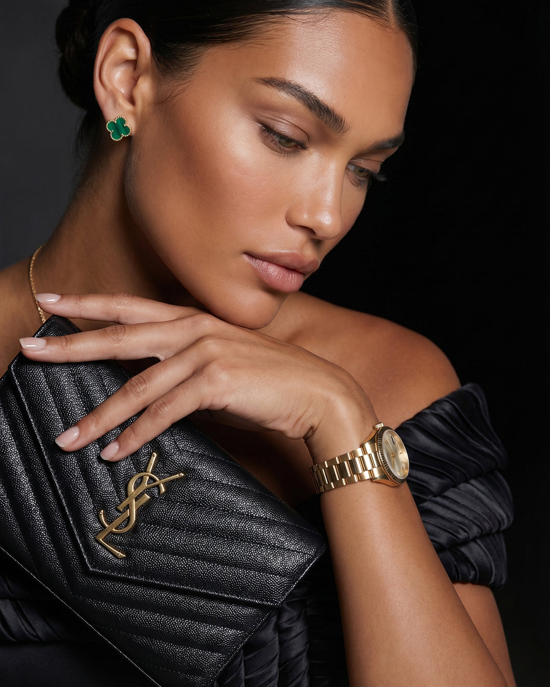 Noir Pleated Off-Shoulder Column Gown with Slit