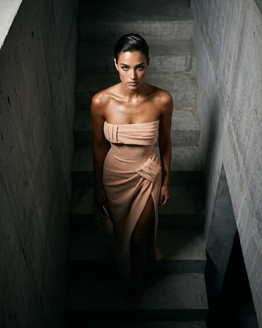 BLUSH DRAPED COLUMN GOWN